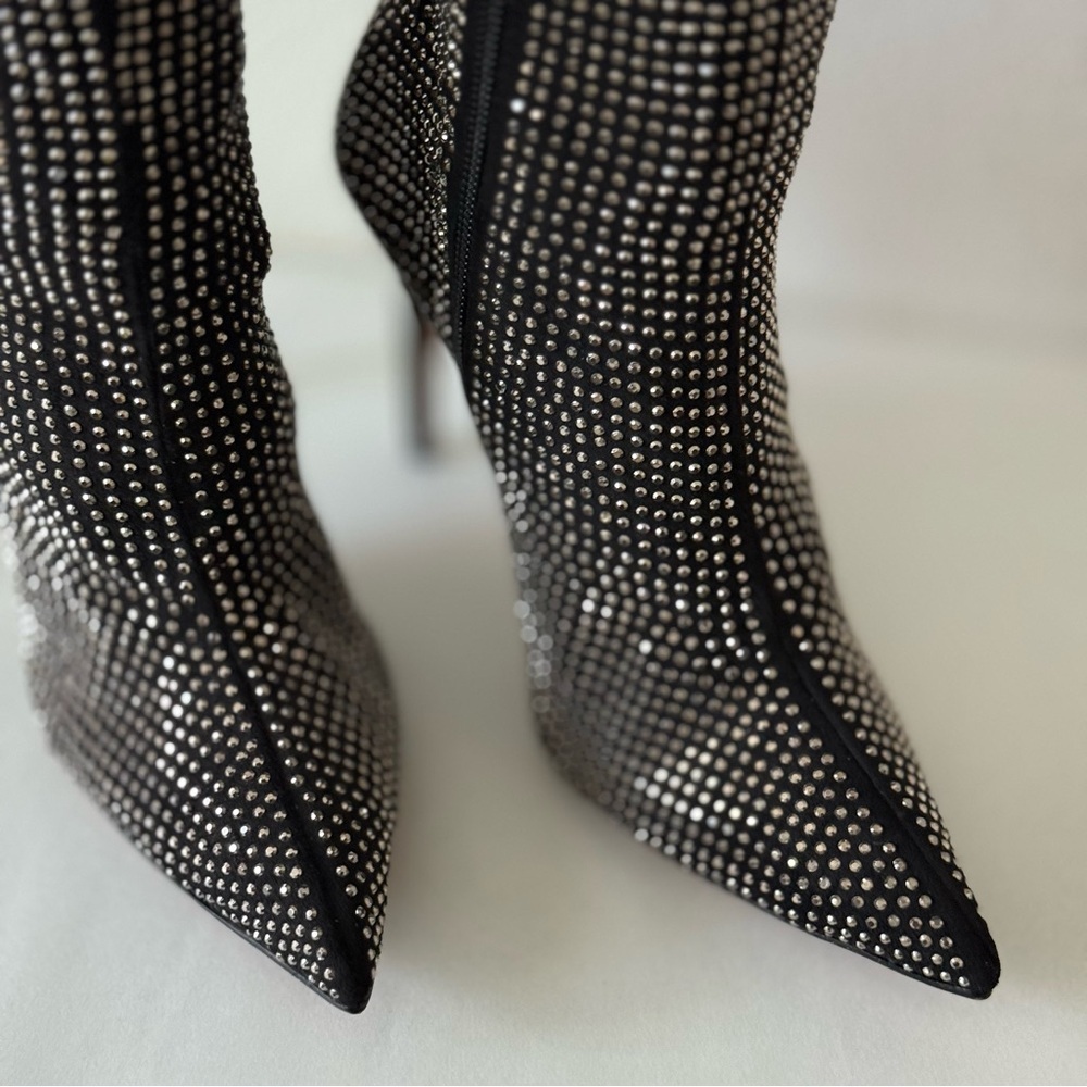 NEW! SCHUTZ Sybil Studded Point Toe High Heel Black Rhinestone Embellished Boots - Picture 3 of 12